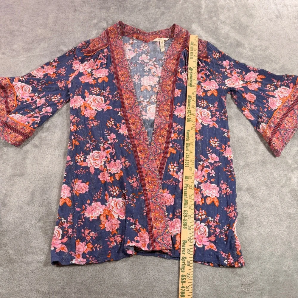 Matilda Jane Kimono Women XS/S Blue Floral Metallic Bell Sleeve Cardigan Wrap